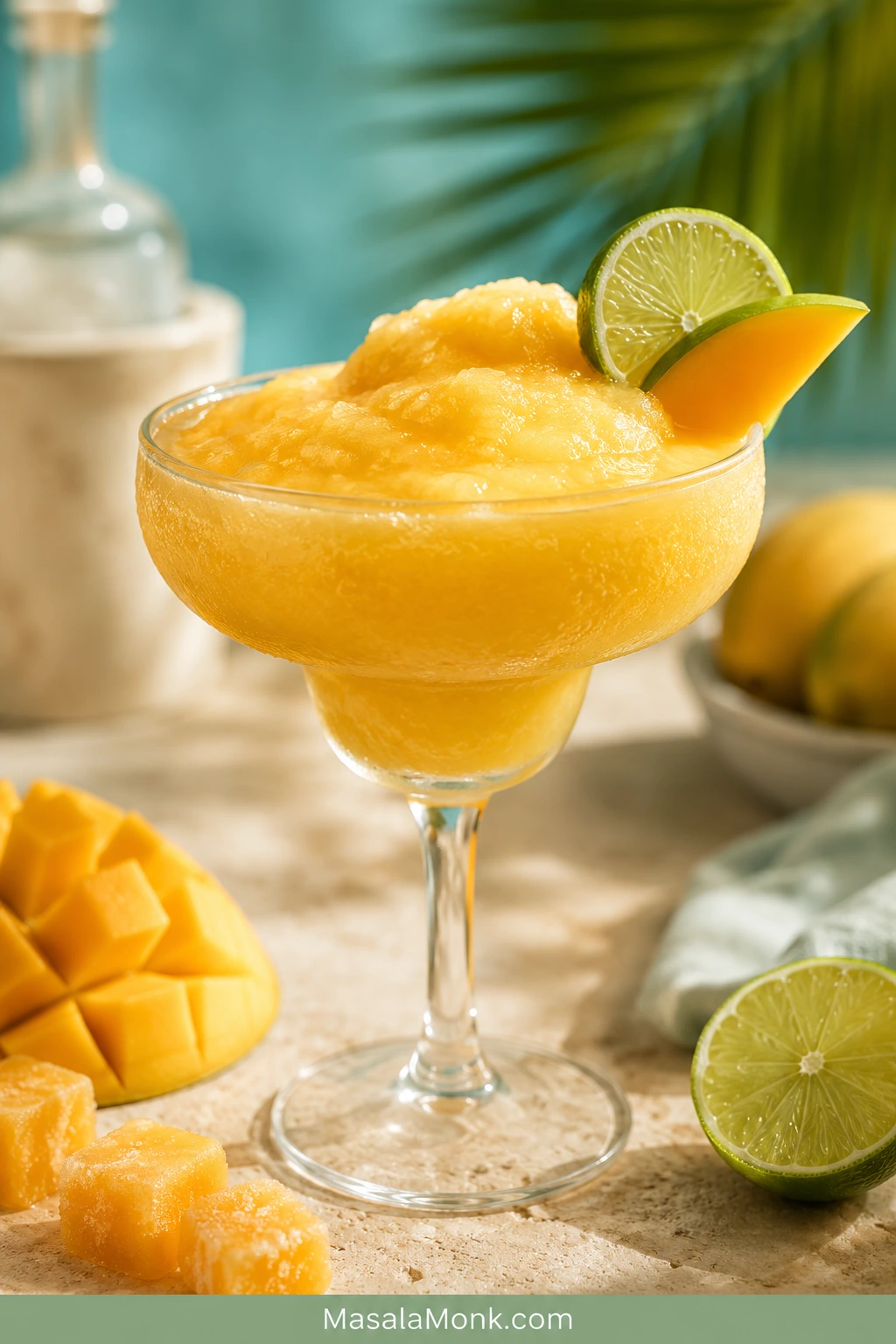 Frozen mango daiquiri in a chilled stemmed glass with a lime wheel, mango garnish, frozen mango chunks, lime halves, and crushed ice on a sunlit stone surface.