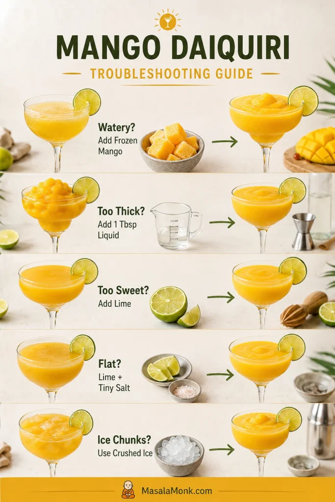 Mango daiquiri troubleshooting guide showing fixes for watery, too thick, too sweet, flat, and icy drinks using mango, lime, liquid, salt, and crushed ice.