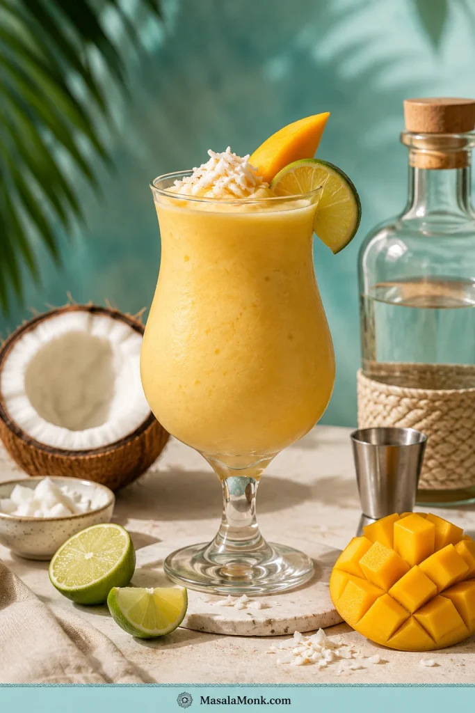 Creamy mango coconut daiquiri in a tall glass with shredded coconut, mango garnish, lime, coconut half, coconut pieces, jigger, and a clear bottle nearby.
