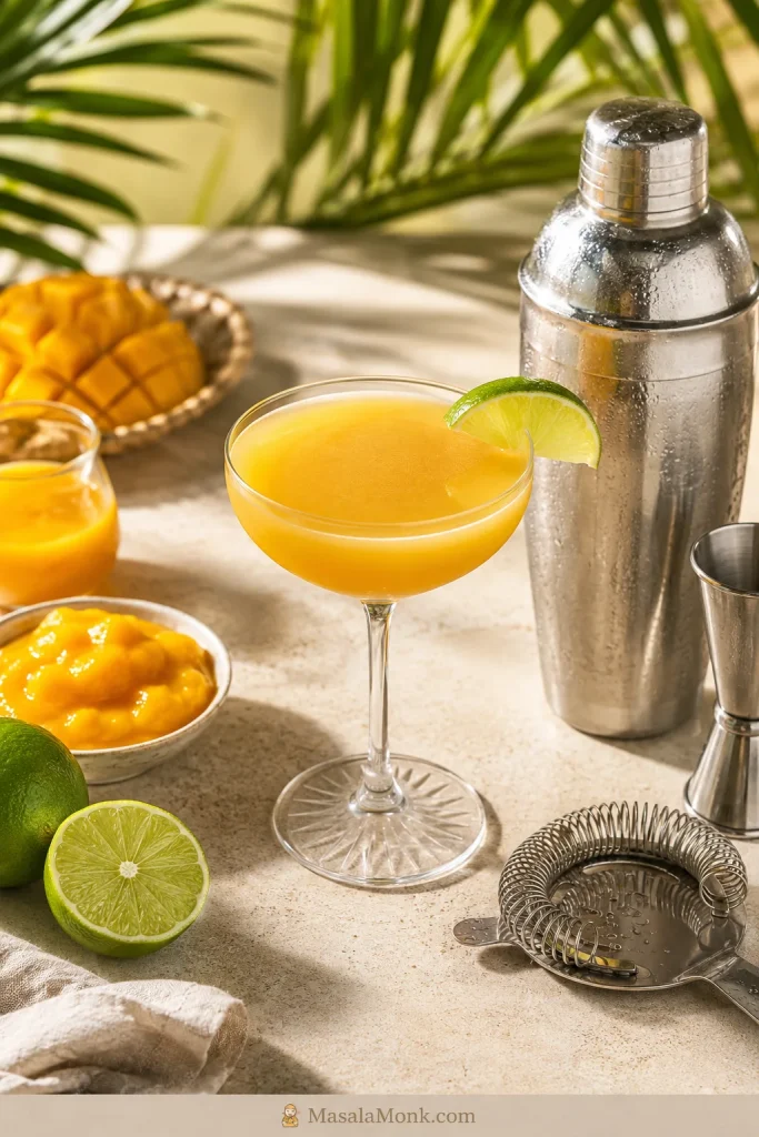 Smooth mango daiquiri in a coupe glass beside a cocktail shaker, strainer, jigger, lime, mango puree, and mango pieces.