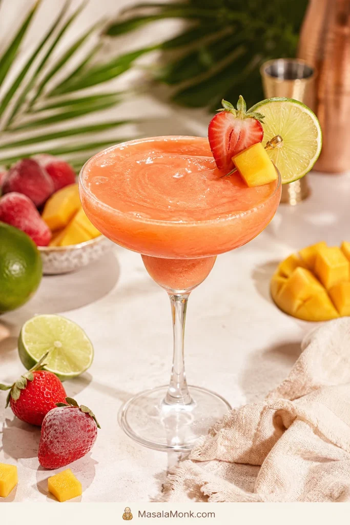 Pink-orange mango strawberry daiquiri in a stemmed glass with strawberry, lime, mango garnish, strawberries, mango chunks, and limes around it.