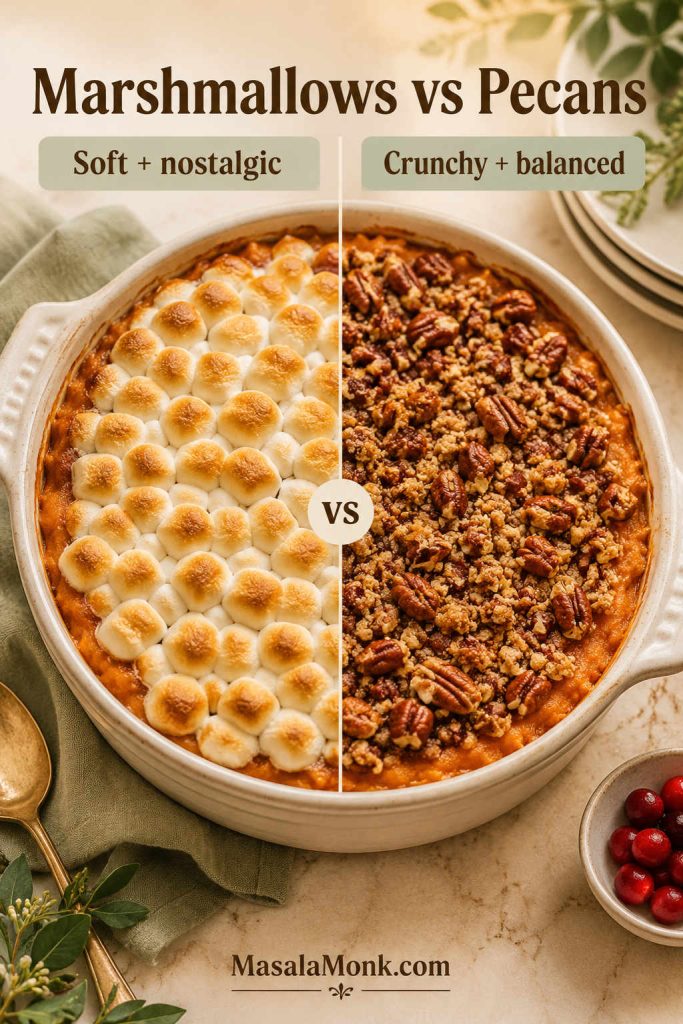 One sweet potato casserole split between toasted mini marshmallows on one side and pecan streusel on the other side