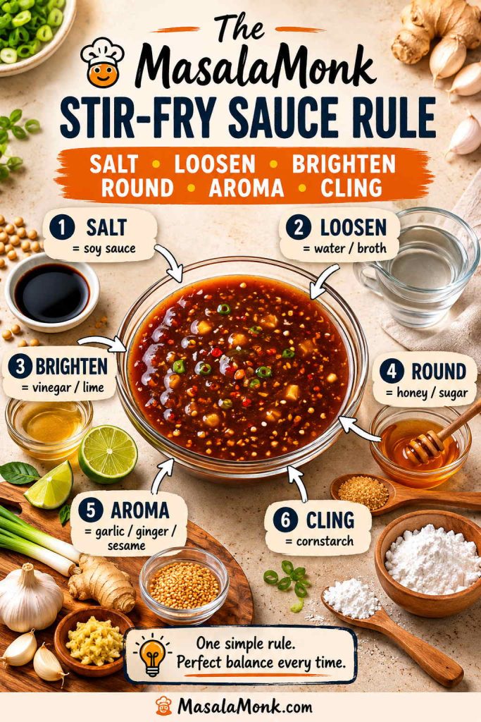 Educational graphic showing a bowl of stir fry sauce and the MasalaMonk stir-fry sauce rule: salt, loosen, brighten, round, aroma, and cling, with ingredient examples around the bowl.
