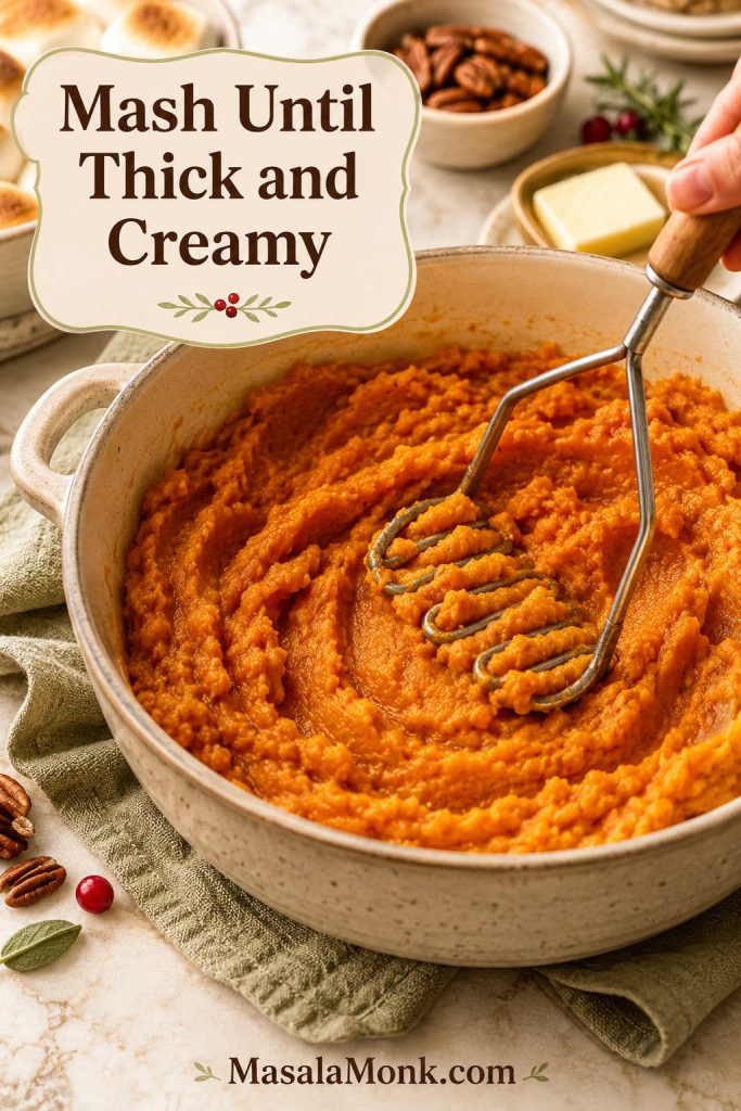 Cooked sweet potatoes being mashed in a bowl with a potato masher until thick and creamy