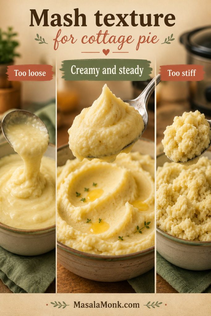 Three-part mashed potato comparison showing too loose mash, creamy steady mash, and too stiff mash for cottage pie topping.