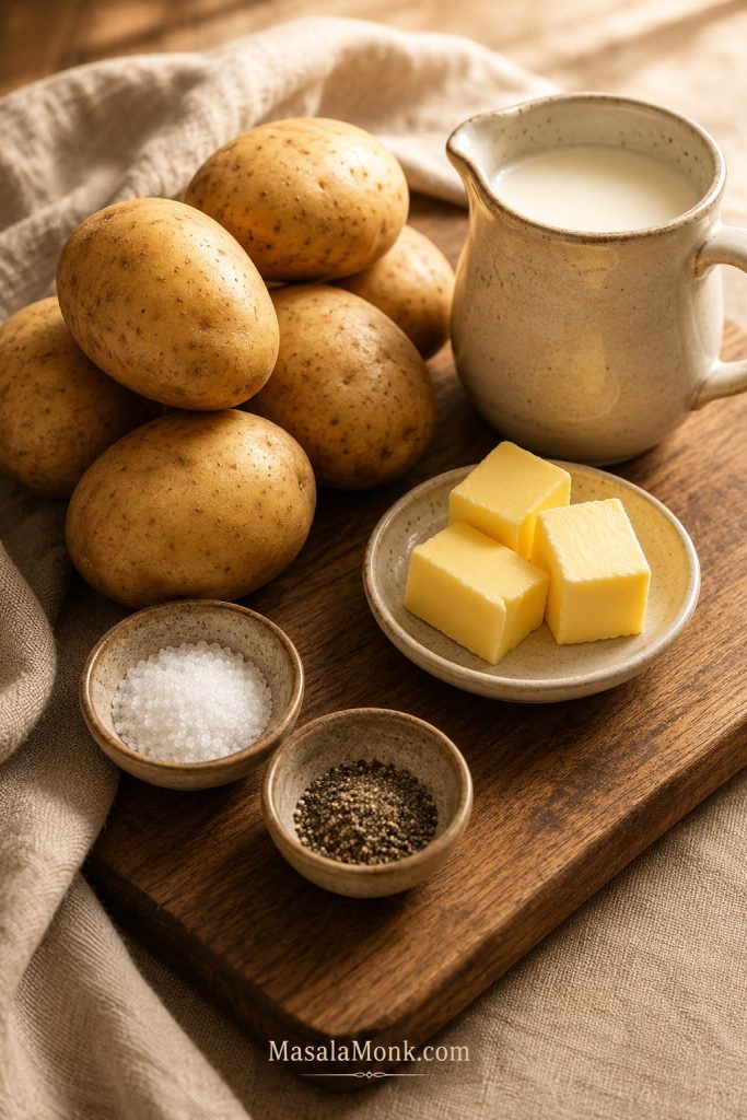 Raw potatoes, butter, milk, salt, and pepper arranged on a wooden board.