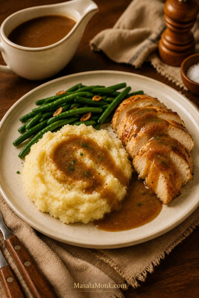 Dinner plate with mashed potatoes, gravy, sliced roast chicken, green beans, and a gravy boat in the background.