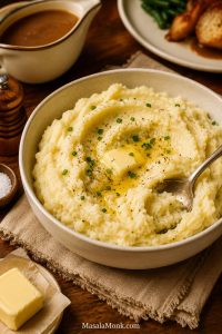 Creamy mashed potatoes in a cream ceramic bowl with melted butter, chives, black pepper, and a blurred gravy boat behind.