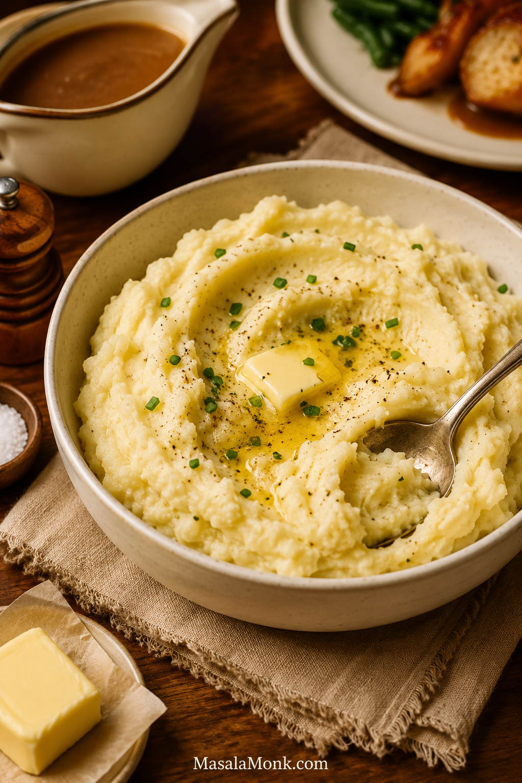 Creamy mashed potatoes in a cream ceramic bowl with melted butter, chives, black pepper, and a blurred gravy boat behind.