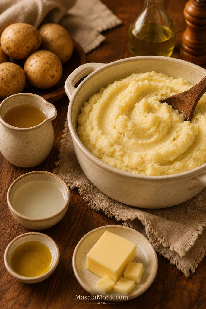 Mashed potatoes with cups of broth, potato cooking water, olive oil, and a butter-like block nearby.