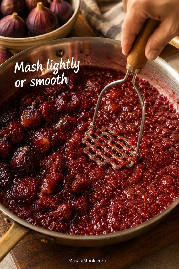 Potato masher pressing softened figs in a pan to adjust the jam texture.