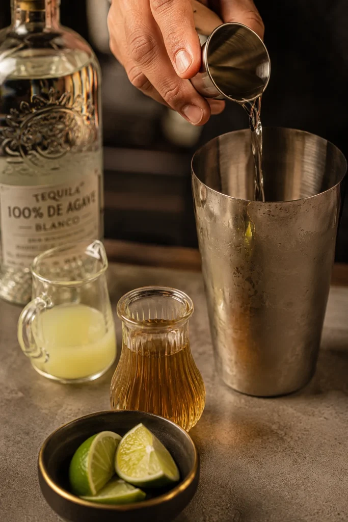 Tequila being poured from a metal jigger into a cocktail shaker with lime juice, amber orange liqueur, agave, and lime wedges nearby.