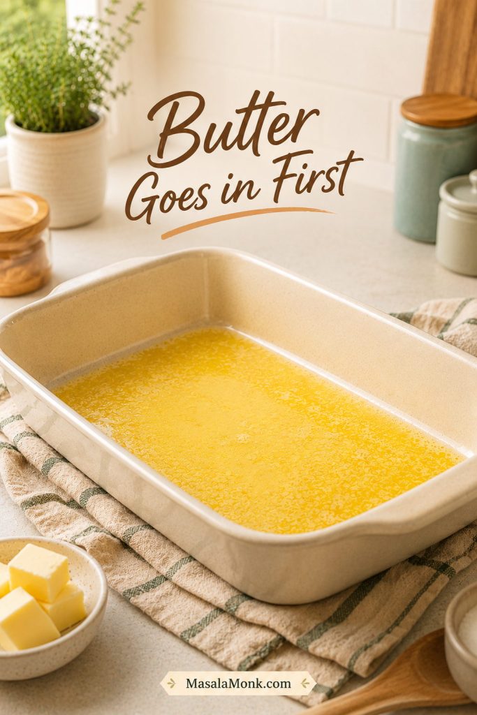 Melted butter spread across the bottom of a 9×13 baking dish for batter-rise peach cobbler.