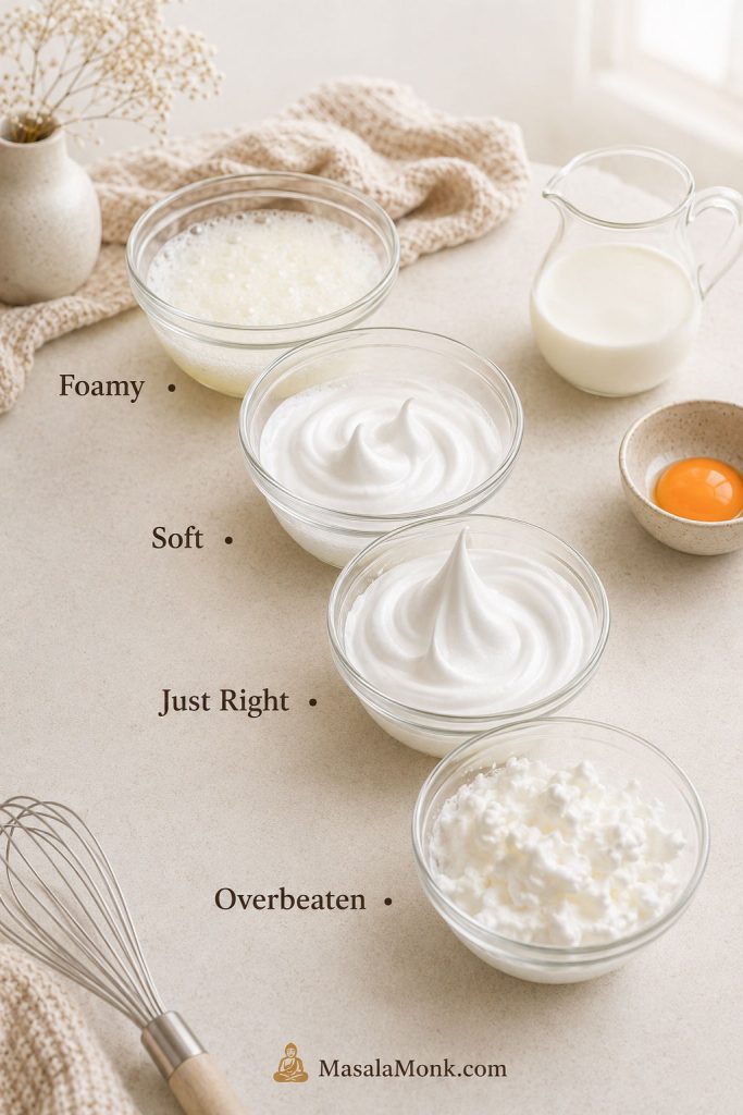 Four meringue stages for Japanese pancakes showing foamy, soft, glossy stiff, and overbeaten egg whites.