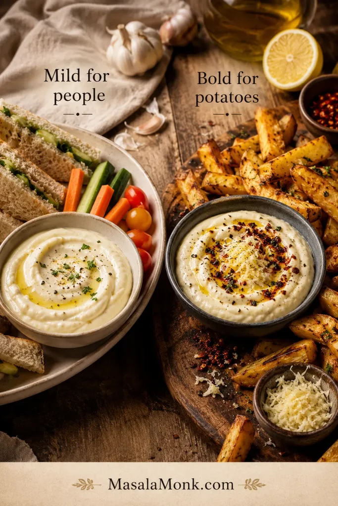 Two serving areas showing mild garlic aioli with sandwiches and vegetables and bold garlic aioli with fries and roasted potatoes.