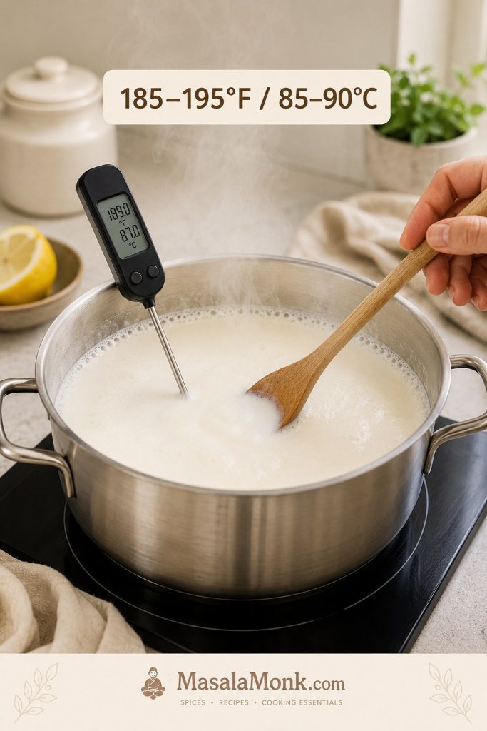 Milk heating gently in a pot with a thermometer showing the paneer temperature range of 185–195°F or 85–90°C.