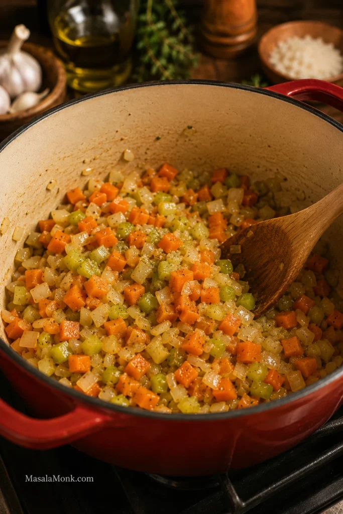 Onion, carrot, and celery sautéing in olive oil inside a Dutch oven with a wooden spoon.