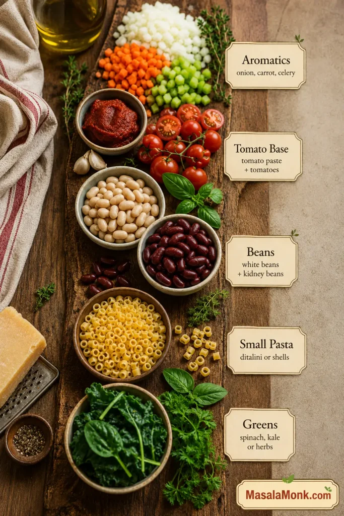 Rustic board showing minestrone ingredients arranged as aromatics, tomato base, beans, small pasta, and leafy greens.