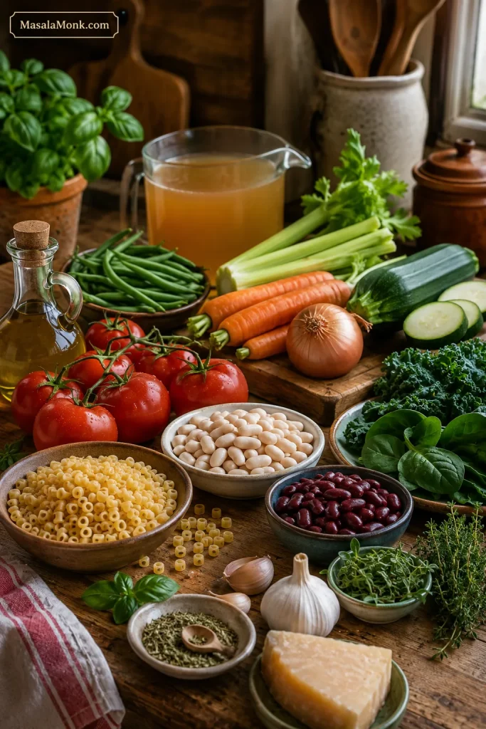 Ingredients for minestrone soup on a counter, including tomatoes, broth, beans, pasta, carrots, celery, onion, garlic, zucchini, green beans, greens, herbs, olive oil, and parmesan rind.