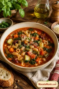 Bowl of minestrone soup with tomato broth, white beans, kidney beans, small pasta, carrots, zucchini, greens, herbs, and bread on the side.