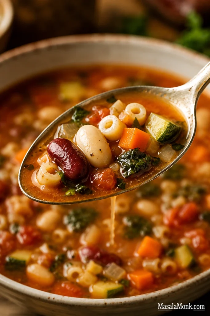 Spoon lifting minestrone soup with small pasta, white bean, kidney bean, carrot, zucchini, greens, and tomato broth dripping back into the bowl.
