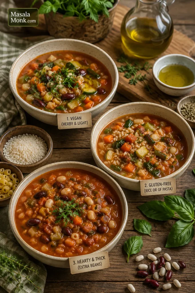 Three bowls of minestrone variations showing a vegan version, a gluten-free or rice version, and a thicker bean-rich version on a rustic table.