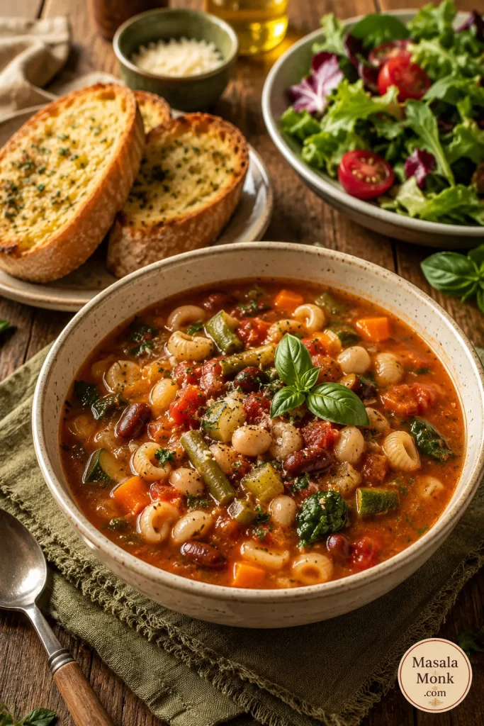 Bowl of minestrone soup served with garlic bread, a green salad with tomatoes, herbs, and a spoon on a wooden table.