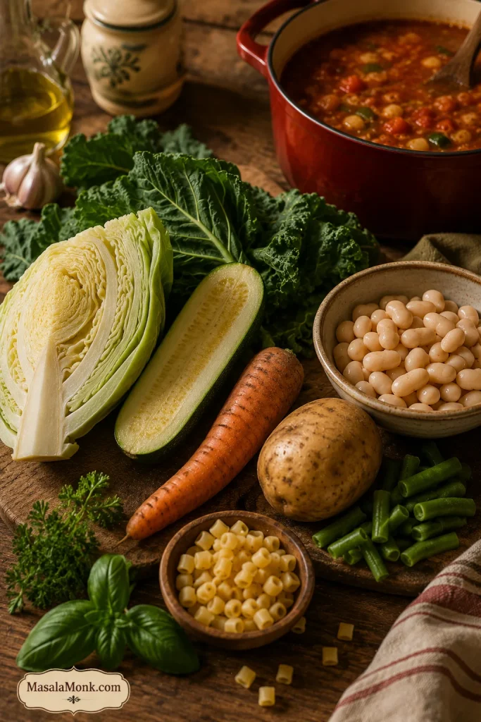 Rustic board with minestrone swaps including zucchini, carrot, cabbage, kale, potato, white beans, green beans, herbs, and small pasta.