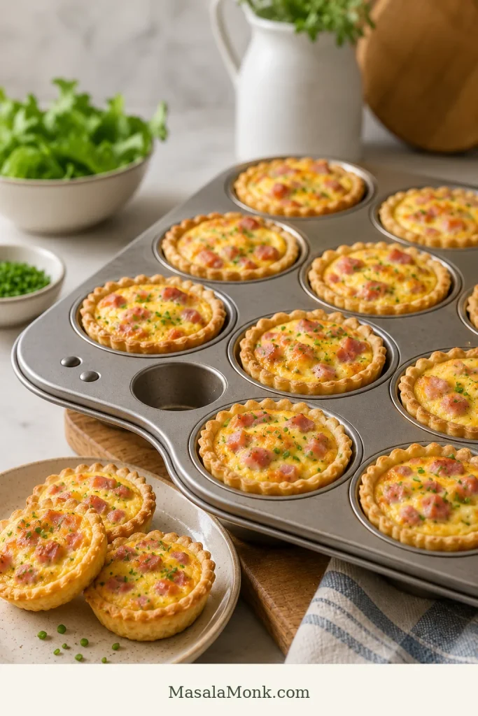 Mini ham and cheese quiches with small golden pastry crusts baked in a muffin tin, with a few placed on a nearby plate.