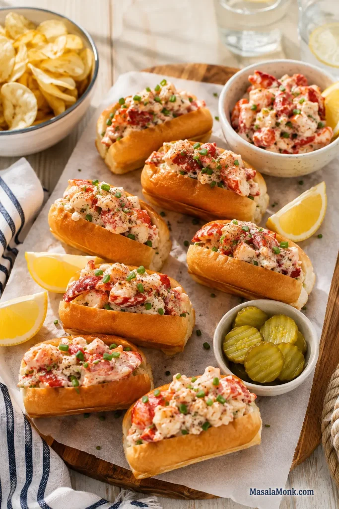 Several mini lobster rolls on a wooden board with lemon wedges, pickles, chips, chives, and extra lobster filling in a bowl.