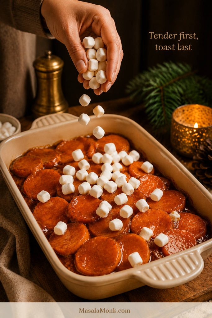 Mini marshmallows being sprinkled over hot candied yams with visible text reading Tender first, toast last.