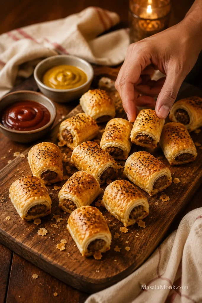 Mini sausage rolls on a wooden party platter with dips and a hand reaching for one roll.