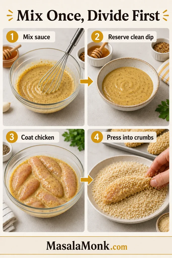 Four-panel guide showing honey mustard sauce mixed, clean dip reserved, raw chicken coated, and chicken pressed into panko crumbs.
