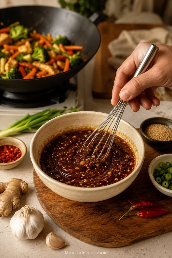 Hand whisking brown homemade stir fry sauce in a ceramic bowl, with a wok of vegetables in the background and garlic, ginger, chili, scallions, and sesame nearby.