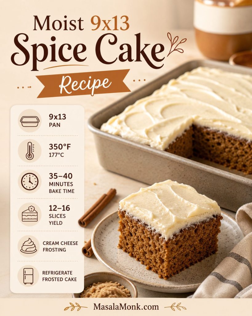 Recipe card for moist 9x13 spice cake showing a frosted cake square, baking temperature, bake time, yield, and storage reminder.