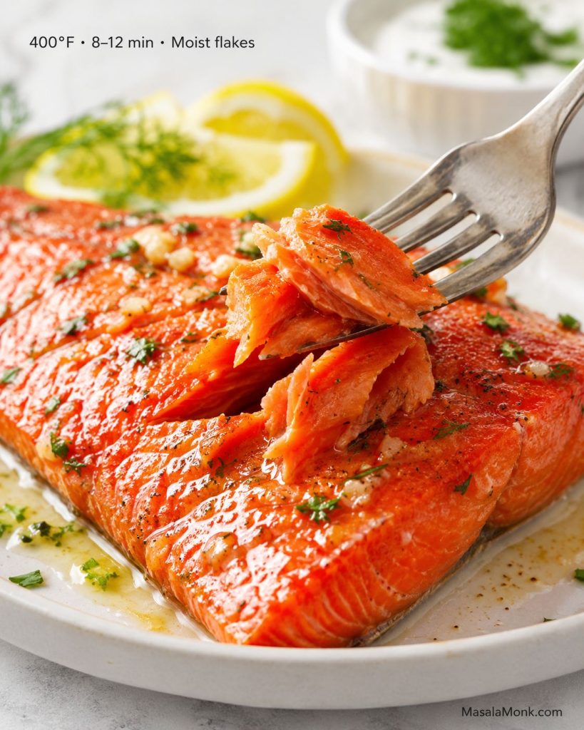Fork lifting moist flakes from baked sockeye salmon with lemon-garlic juices and herbs.