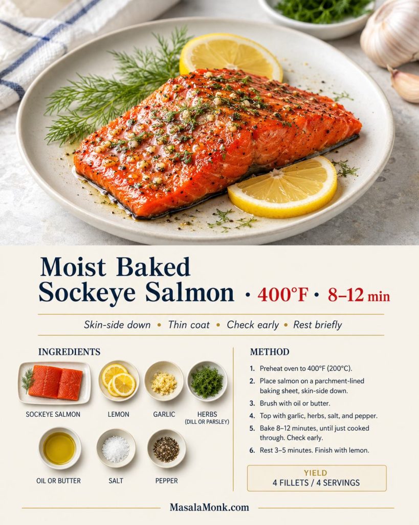 Recipe card for moist baked sockeye salmon with a finished fillet, ingredient cues, method steps, 400°F timing, and four-serving yield.