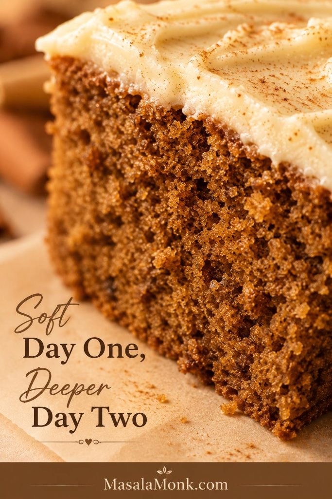Close-up of a frosted spice cake square showing a moist brown crumb and cream cheese frosting on top.