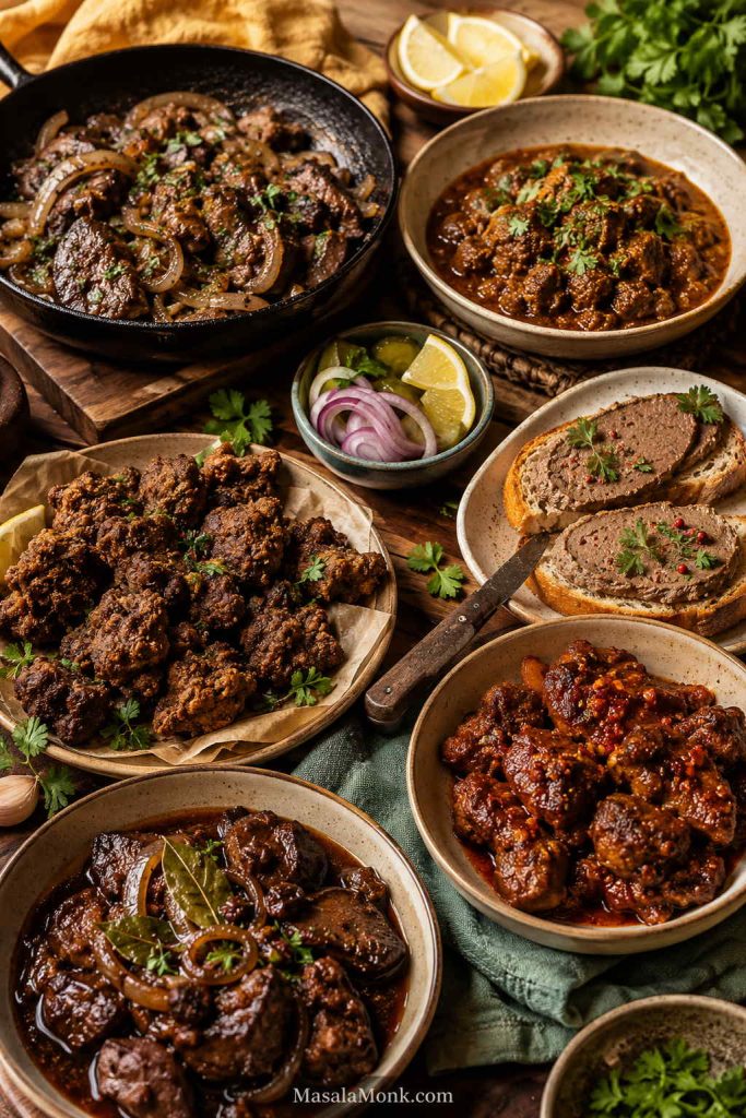 Warm table spread with several chicken liver dishes, including skillet livers, spiced kaleji, fried pieces, pâté on toast, and saucy versions.