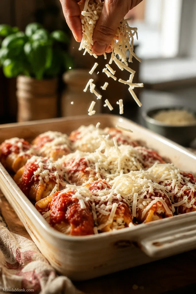 Shredded mozzarella being sprinkled over sauced stuffed shells in a baking dish.