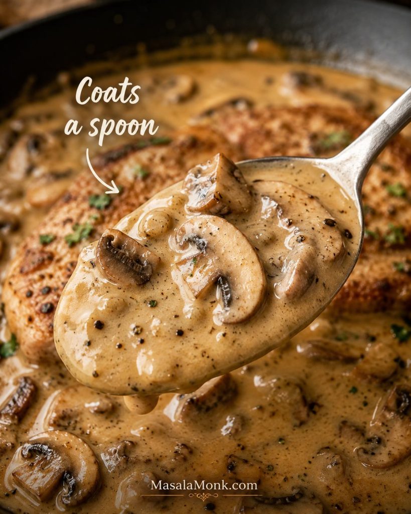 Spoon lifting creamy mushroom gravy with mushroom pieces and black pepper over a skillet of pork chops.