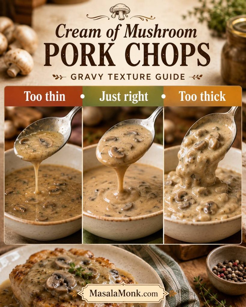 Three-part gravy texture guide showing too thin, just right, and too thick mushroom gravy on spoons and in bowls.