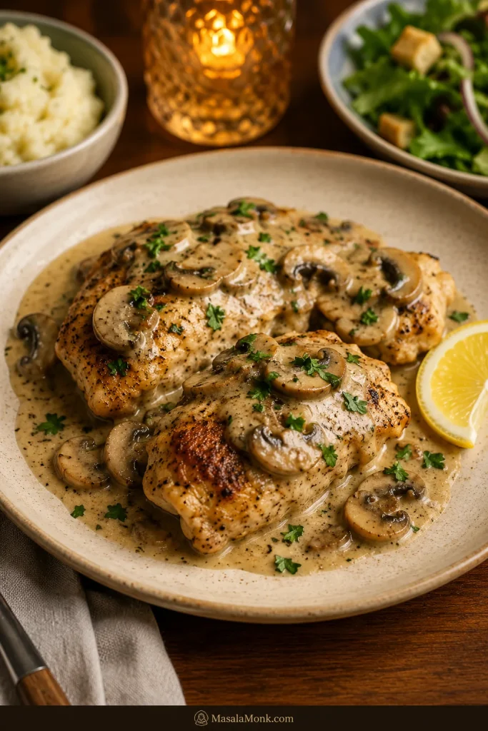 Chicken pieces on a cream-colored plate covered with mushroom sauce, sliced mushrooms, parsley, and a lemon wedge.