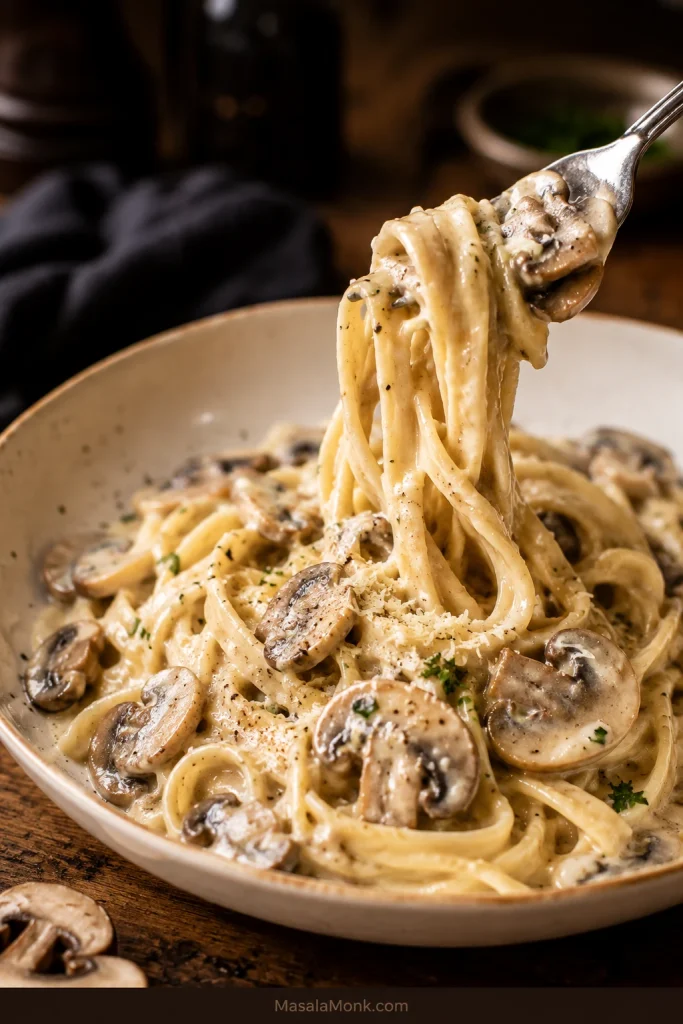 Pasta lifted with a fork from a bowl of mushroom sauce with sliced mushrooms, parmesan, parsley, and black pepper.