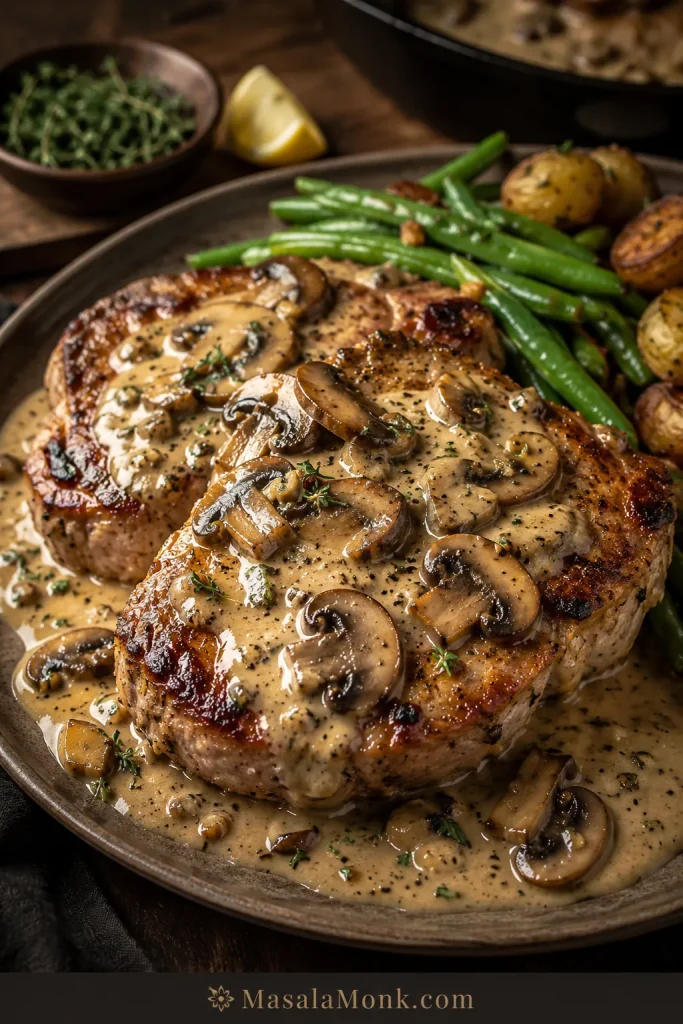 Seared pork chops topped with mushroom sauce, sliced mushrooms, black pepper, thyme, green beans, and roasted potatoes.