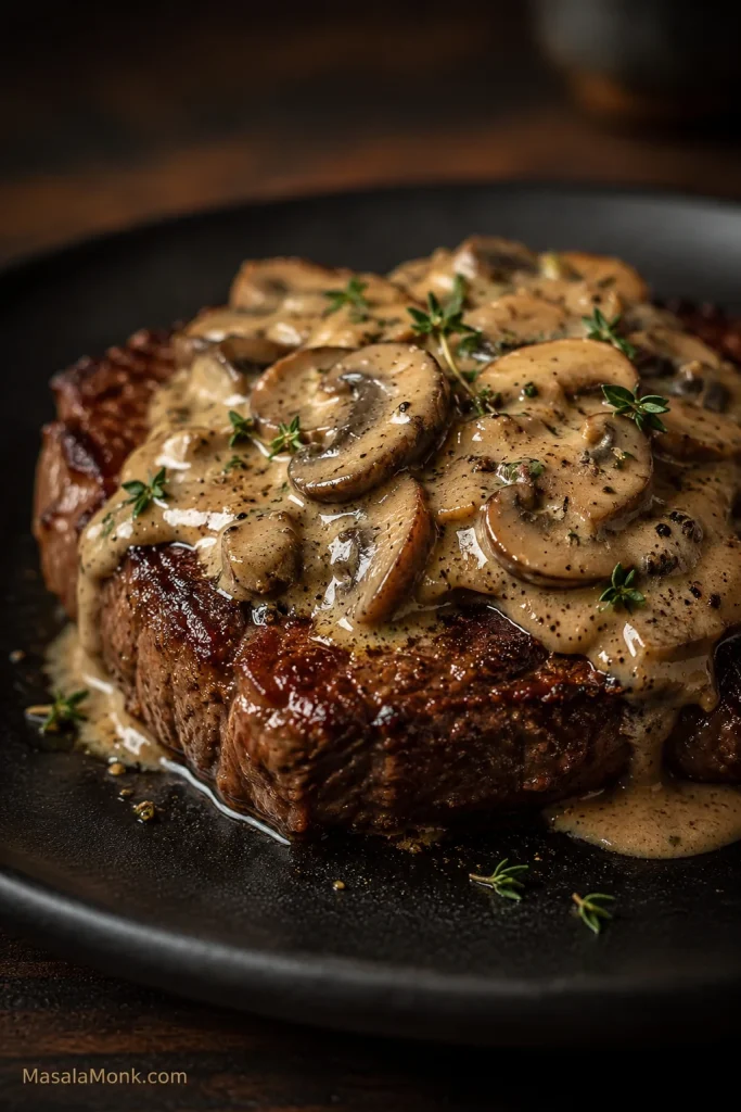 Seared steak on a dark plate topped with mushroom sauce, sliced mushrooms, thyme, and black pepper.