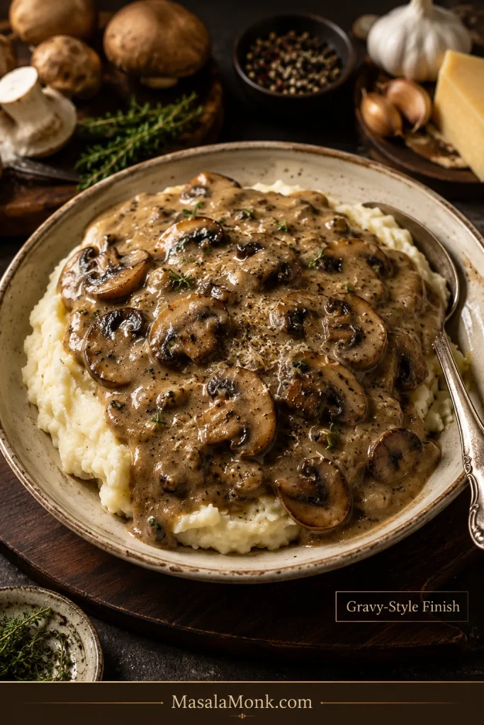 Thick mushroom sauce with visible mushroom slices spooned over mashed potatoes on a cream-colored plate.
