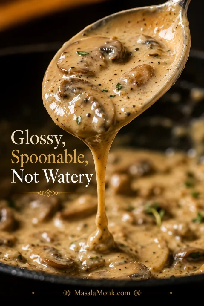 Close-up of creamy mushroom sauce with mushroom slices coating a spoon and dripping back into the pan.