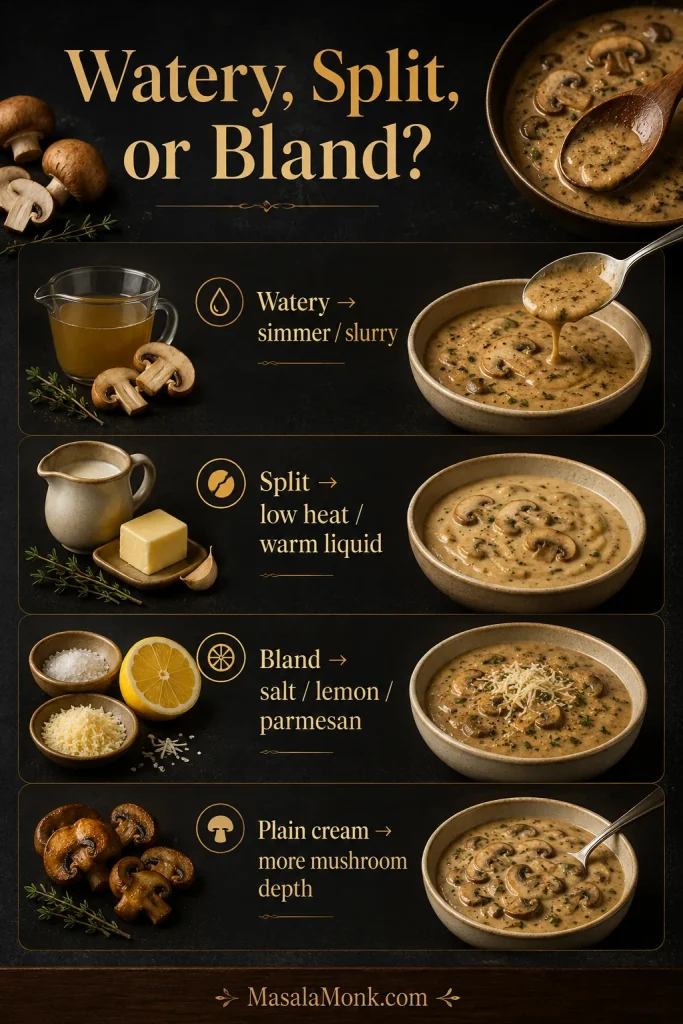 Troubleshooting guide for mushroom sauce showing fixes for watery, split, bland, and plain cream-tasting sauce.