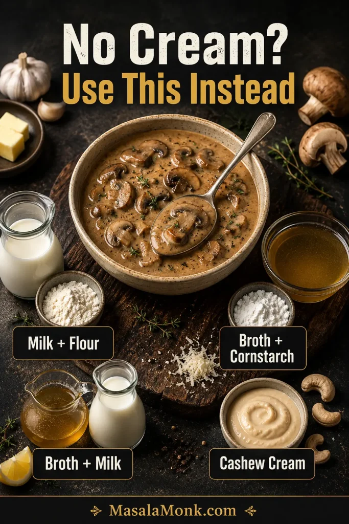 Guide for mushroom sauce without cream showing milk and flour, broth and cornstarch, broth and milk, and cashew cream options.
